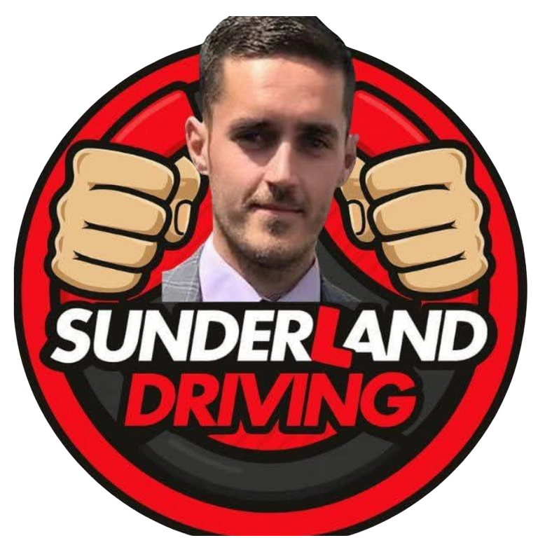 Logo for Sunderland Driving featuring a man with clenched fists and a bold text design.